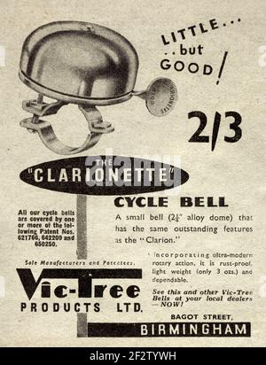 Publicité vintage 1952 pour les cloches de vélo 'Clarionette' britanniques. Banque D'Images
