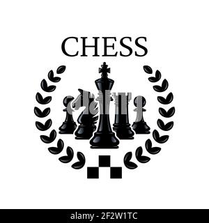 Emblème des échecs. Pièces d'échecs Roi, Chevalier, Rouk, pions avec couronne. Silhouettes de pièces d'échecs. Illustration vectorielle isolée sur blanc. Illustration de Vecteur