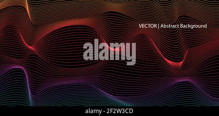 Illustration graphique vectorielle de lignes arc-en-ciel colorées dans un motif abstrait de flux tourbillonnant sur fond sombre. Conception de page de bannière de site Web. Illustration de Vecteur