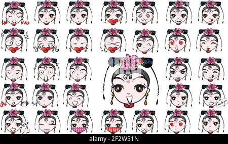 Vector caricature chine fille emoji ensemble Illustration de Vecteur