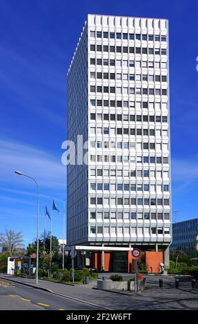 GENÈVE, SUISSE -5 avril 2019- vue extérieure du bâtiment de l'Union internationale des télécommunications (UIT), une agence des Nations Unies située à Banque D'Images