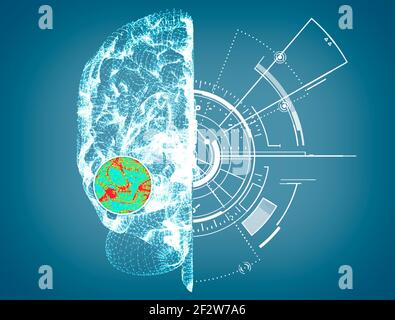 Douleur dans la tête, le cerveau et les synapses, problèmes cognitifs, déficit mental. Anévrisme. Maladies dégénératives affectant la région du cerveau. HUD, hologramme Banque D'Images