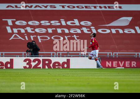 Stade Riverside, Middlesbrough, Cleveland, Royaume-Uni. 13 mars 2021. Championnat de football de la Ligue anglaise de football, Middlesbrough versus Stoke City; Grant Hall of Middlesbrough célèbre le score du premier but de Middlesbroughs dans la 20e minute crédit: Action plus Sports/Alamy Live News Banque D'Images