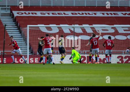 Stade Riverside, Middlesbrough, Cleveland, Royaume-Uni. 13 mars 2021. Championnat de football de la Ligue anglaise de football, Middlesbrough versus Stoke City; Grant Hall of Middlesbrough marque le premier but de Middlesbroughs dans la 20e minute crédit: Action plus Sports/Alamy Live News Banque D'Images