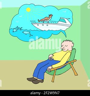 Homme pensant à la voile sur le yacht, imagine le repos futur. Illustration vectorielle de personnage rêveur Illustration de Vecteur