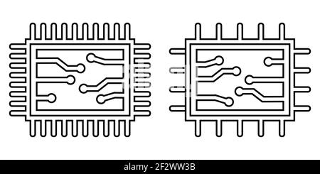 Deux icônes de puce ou de puce. Contour modifiable. Processeur de l'ordinateur central, symbole de puce noire. Style plat. Illustration vectorielle Illustration de Vecteur