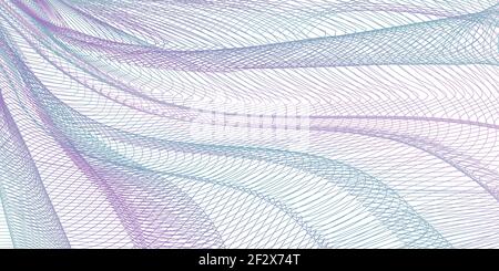 Turquoise, filet plissé violet, textile drapé. Motif dessins au trait, motif abstrait. Lignes fines enchevêtrées, courbes colorées. Arrière-plan à rayures vectorielles. EPS10 Illustration de Vecteur