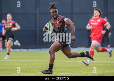 LONDRES, ROYAUME-UNI. 13 mars 2021. Rotimi Segun de Saracens en action lors du match de rugby de championnat Greene King IPA entre Saracens et Jersey Reds au stade de Stonex le samedi 13 mars 2021. LONDRES, ANGLETERRE. Credit: Taka G Wu/Alay Live News Banque D'Images