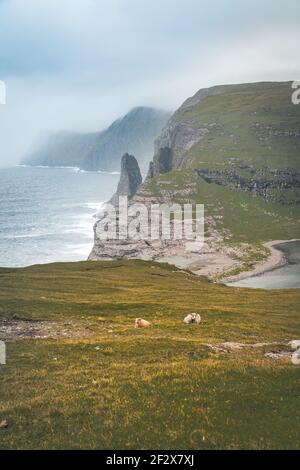 Îles Féroé Traelanipa la falaise rocheuse des esclaves s'élève au-dessus de l'océan à côté du lac Sorvagsvatn. Nuages et ciel bleu pendant le suommer sur le Banque D'Images