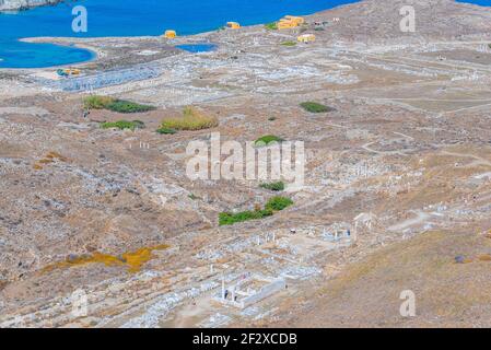 Vue panoramique sur les ruines antiques de l'île de Delos en Grèce Banque D'Images