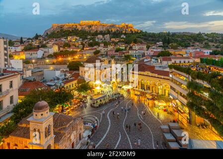 Coucher de soleil sur la place Monastiraki à Athènes, Grèce Banque D'Images