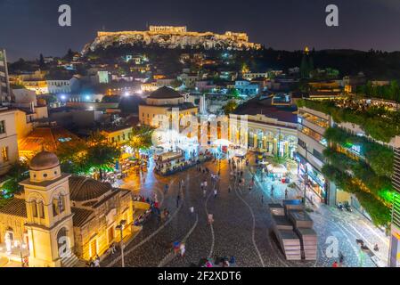 Coucher de soleil sur la place Monastiraki à Athènes, Grèce Banque D'Images