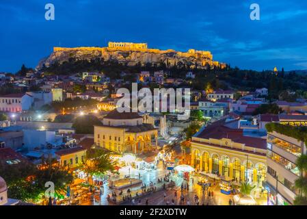 Coucher de soleil sur la place Monastiraki à Athènes, Grèce Banque D'Images