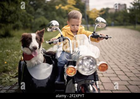 petit garçon caucasien conduisant un chien dans le side-car de moto jouet électrique, Banque D'Images