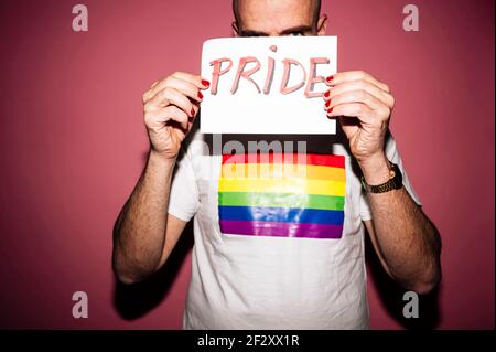 Homme homosexuel barbu rebelle aux lèvres rouges et manucure Grimace tout en montrant et couvrant le visage avec du papier avec Pride texte contre le rose ba Banque D'Images