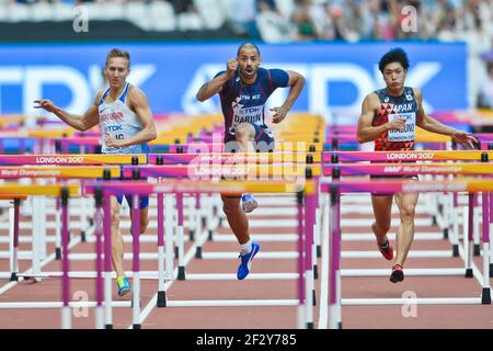 Garfield Darien (France), David King (Grande-Bretagne), Genta Masuno (Japon). 110m haies hommes, chauffes. Championnats du monde d'athlétisme de l'IAAF, Londres 2017 Banque D'Images