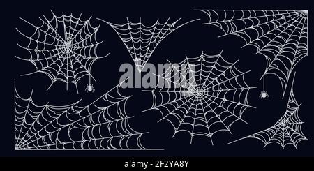 Toile d'araignée isolée sur fond sombre. Crassettes effrayantes pour Halloween avec araignées. Illustration vectorielle Illustration de Vecteur