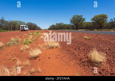 Touffes d'herbe jaune dans la poussière rouge dans l'Outback le long de l'aventure Way près de Cunnamulla, Queensland, Queensland, Australie Banque D'Images