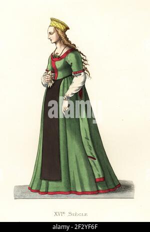 Noble jeune femme de Danzig, Pologne, XVIe siècle. Couronne dorée, robe en soie verte, tablier brun, cheveux blond longs. Jeune fille de Dantzick. Lithographie colorée à la main d'après une illustration d'Edmond LeChevallier-Chevignard des costumes historiques des XVIes, XVIIème et XVIIIe (costumes historiques des XVIe, XVIIe et XVIIIe siècles), Paris, 1867. Edmond LeChevallier-Chevignard était artiste, illustrateur de livres et décorateur d'intérieur. Banque D'Images