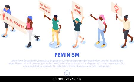 Un groupe de femmes tenant des placards avec les slogans du féénisme. Défendre les droits et les libertés. Isolé sur un fond blanc. Vecteur plat isométrique i Illustration de Vecteur