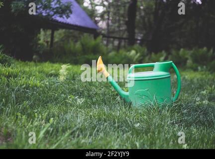 Arrosoir vert sur l'herbe dans le jardin Banque D'Images
