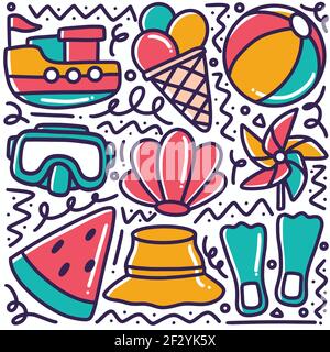 doodle représentant des outils de plage dessinés à la main Illustration de Vecteur