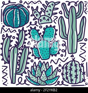 doodle ensemble de cactus collection dessin à la main Illustration de Vecteur