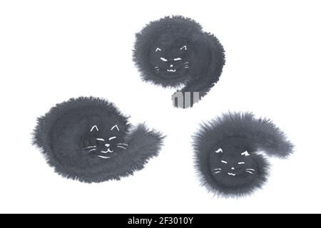 Silhouette de chats noirs endormis sur fond blanc, illustration japonaise à l'encre noire naturelle, aquarelle, dessin au trait Banque D'Images