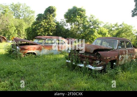 Ancien véhicule classique Ford corrodé abandonné dans un champ. Banque D'Images