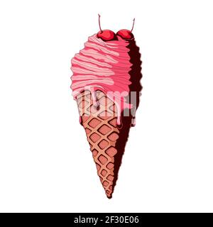 Cône de cachets de crème glacée à base de sundae avec cerise et crème au lait avec tranches de fruits rouges. Illustration vectorielle dessinée à la main isolée sur fond blanc. Glace à glace Illustration de Vecteur