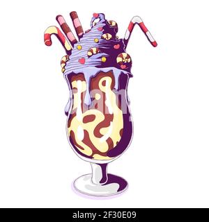 Glace dans un gobelet en verre sundae avec caramel, chocolat, dragée et crosse de cachets. Illustration vectorielle dessinée à la main isolée sur fond blanc. Illustration de Vecteur