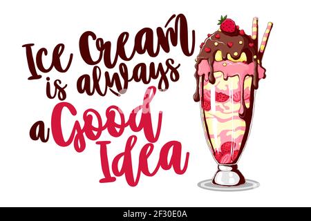 Crème glacée et citation, fond décoratif. Toile de fond colorée avec dessin stylisé à la main de la glace illustration. La glace est toujours une bonne idée, Illustration de Vecteur