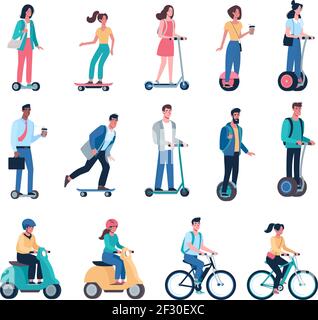 Ensemble de véhicules alternatifs vector respectueux de l'environnement. Les gens, les hommes et les femmes sont à cheval électrique moderne, planque, skateboard, segway, vélo, cyclomoteurs Illustration de Vecteur