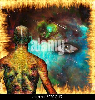 Espoirs et craintes. Figure de l'homme avec des yeux demoniques étranges sur sa peau et l'oeil humain dans l'espace vif. rendu 3d. Banque D'Images