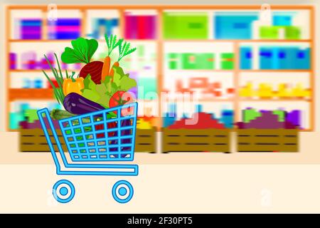 Chariot plein de légumes sur les étagères du supermarché. Magasin d'alimentation, intérieur du centre commercial. Bannière de magasin en ligne avec chariot de magasin. Vecteur Illustration de Vecteur