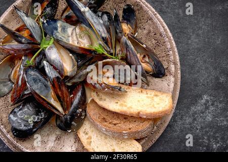 Mollusques de moules en sauce crémeuse au fromage, sur une assiette, sur fond sombre avec espace de copie. Horizontale Banque D'Images