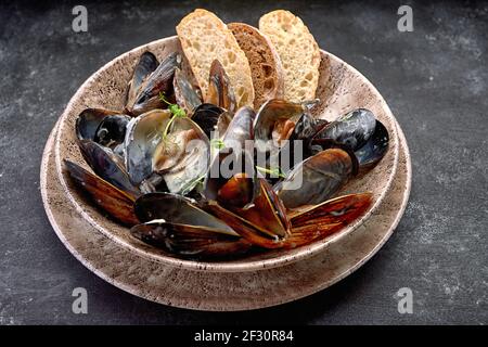 Mollusques de moules en sauce crémeuse au fromage, sur une assiette, sur fond sombre avec espace de copie. Horizontale Banque D'Images