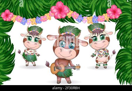 Nouvelle année tropicale 2021, célébration. Groupe de vaches et taureaux comme danseuses de hula avec guitares acoustiques ukulele, Hawaii. Illustration de Vecteur