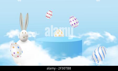 Joyeuses Pâques. Dessin lapin avec oeufs. Composition 3d printanière festive. Scène réaliste, passerelle, studio de fête. Arrière-plan minimal. Créativité moderne Illustration de Vecteur
