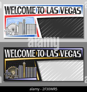 Mises en page vectorielles pour Las Vegas avec espace de copie, bon d'échange décoratif avec illustration de la ligne de paysage urbain américain le jour et le ciel crépuscule, art des Illustration de Vecteur