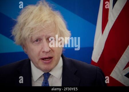 Glasgow, Écosse, Royaume-Uni. 14 mars 2021. Photo : Boris Johnson, député du Royaume-Uni, a pris la parole lors de la conférence nationale du Parti conservateur et unioniste écossais (#SCC21) qui est de nouveau hébergée en ligne en raison de la pandémie en cours. Crédit : Colin Fisher/Alay Live News Banque D'Images