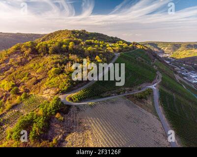 Coucher de soleil sur les vignobles de la vallée de l'Ahr, vue aérienne Banque D'Images