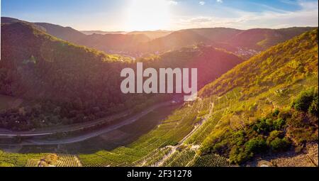 Coucher de soleil sur les vignobles de la vallée de l'Ahr, vue aérienne Banque D'Images