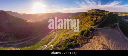 Coucher de soleil sur les vignobles de la vallée de l'Ahr, vue aérienne Banque D'Images