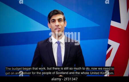 Glasgow, Écosse, Royaume-Uni. 14 mars 2021. En photo : le député de Rishi Sunak, chancelier de l'Échiquier, a pris la parole lors de la conférence nationale du Parti conservateur et unioniste écossais (#SCC21) qui est de nouveau hébergée en ligne en raison de la pandémie en cours. Crédit : Colin Fisher/Alay Live News Banque D'Images