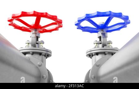 3d rend les vannes bleues et rouges sur les tuyaux en acier, vue vers le bas, isolées sur un fond blanc.Illustration d'une image numérique pour l'industrie. Banque D'Images