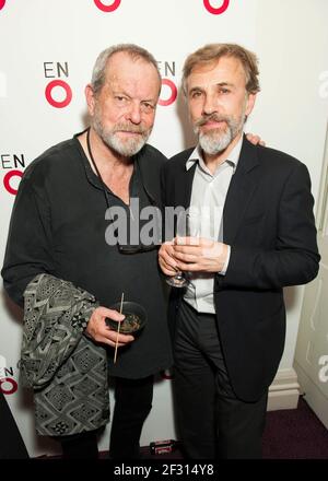 Terry Gilliam et Christoph Waltz à l'après-fête de la première de Benvenuto Cellini dirigée par Terry Gilliam au London Coliseum, St Martin's Lane - Londres Banque D'Images