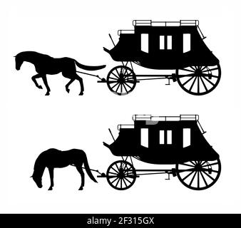 cheval avec silhouette de calèche sur fond blanc Banque D'Images