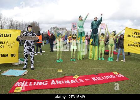 Amsterdam, pays-Bas. 14 mars 2021. Des militants et des défenseurs de l'environnement participent à une manifestation contre le changement climatique au parc Wester, dans le cadre de la pandémie du coronavirus, le 14 mars 2021 à Amsterdam, aux pays-Bas. Des militants et des partisans de l'environnement se sont réunis dans le cadre de la manifestation nationale contre l'alerte climatique pour exiger une action contre le changement climatique. (Photo de Paulo Amorim/Sipa USA) Credit: SIPA USA/Alay Live News Banque D'Images