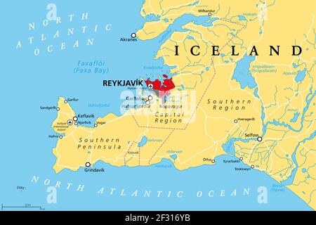 Islande, région de la capitale et péninsule du Sud, carte politique. Reykjavik et ses environs, avec la péninsule de Reykjanes, une région du sud-ouest de l'Islande. Banque D'Images